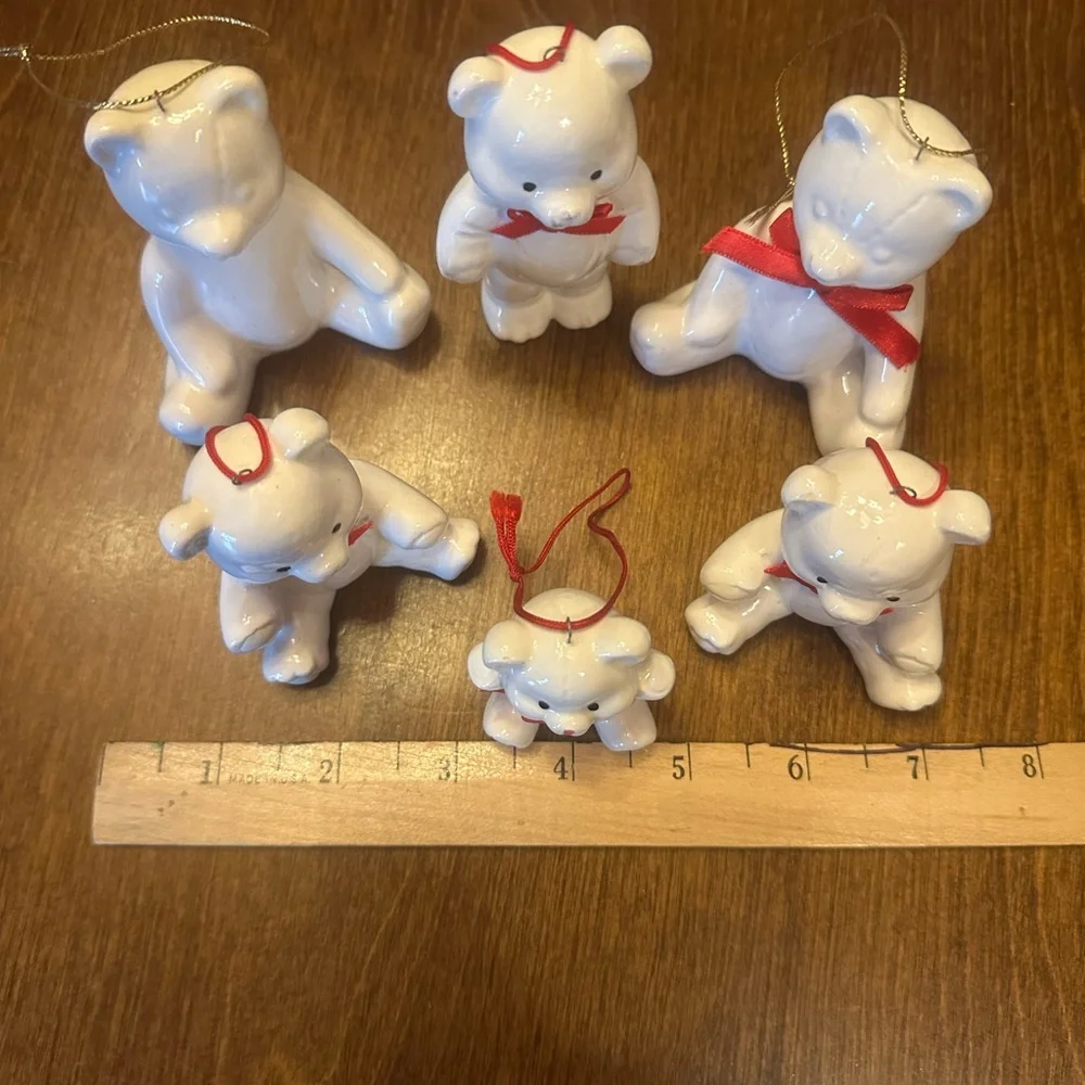 Vintage White Bear Ornament Set with Red Accents